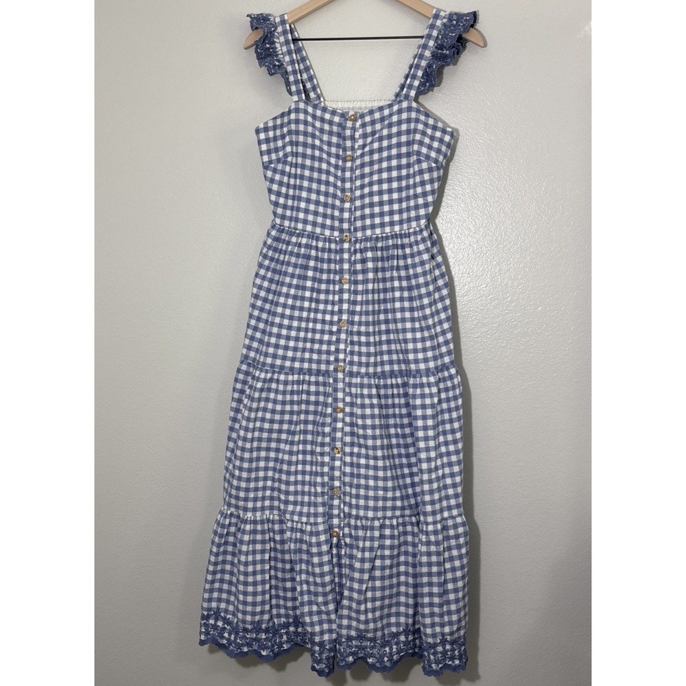 Shabby Chic Blue Gingham Checked Dress SZ 4 Ruffled Smocked Tiered Cottagecore